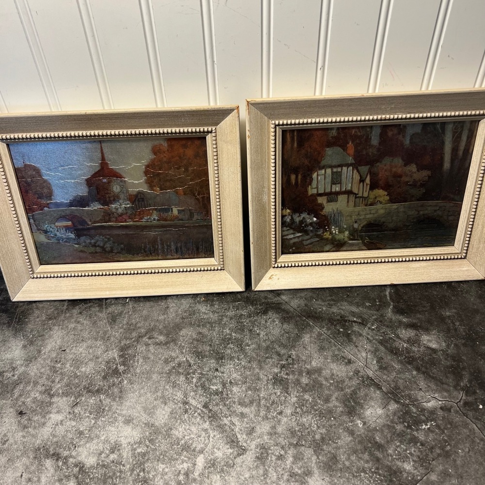 Vintage Ernest Boye Uden Metallic Foil Art English Village Print Pair | Cottage